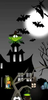 Spooky Halloween wallpaper with a haunted house, witch, and bats.