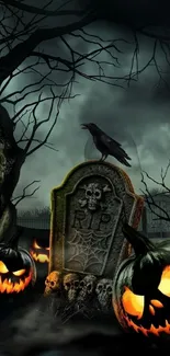 Spooky Halloween wallpaper with pumpkins and grave.