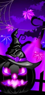 Spooky Halloween wallpaper with purple glow and witch hat.