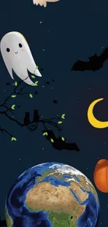 Halloween themed wallpaper with ghosts, bats, pumpkins, and Earth on a navy blue background.