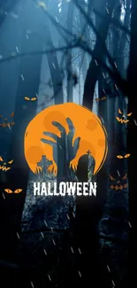 Halloween forest wallpaper with spooky eyes and an orange moon.