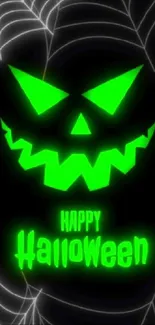 Neon green Halloween jack-o'-lantern with spider webs.