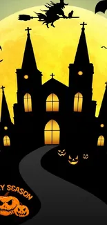 Spooky Halloween wallpaper with moon and gothic castle.