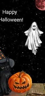 Spooky Halloween wallpaper with ghost, cat, and pumpkin under starry night sky.