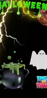 Spooky Halloween wallpaper with ghost, cauldron, and lightning.