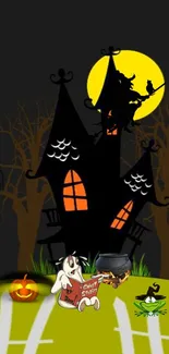 Spooky Halloween wallpaper with haunted house and witch flying silhouette.