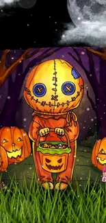 Cartoon Halloween character with pumpkins and night sky in mobile wallpaper.