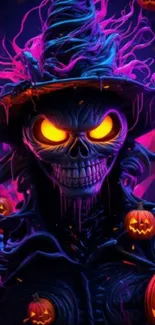 Halloween skull witch with glowing pumpkins, dark neon art.