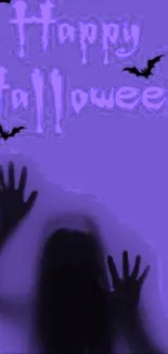 Haunting silhouette with bats on purple Halloween wallpaper.