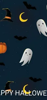 Halloween mobile wallpaper with ghosts, bats, and pumpkins on a dark blue background.