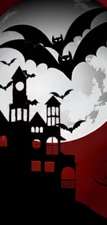 Spooky Halloween wallpaper with bats and a haunted house.