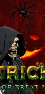 Eerie Halloween wallpaper with grim reaper and Trick or Treat text.