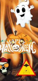 Halloween-themed wallpaper with ghost, pumpkin, and fire elements.