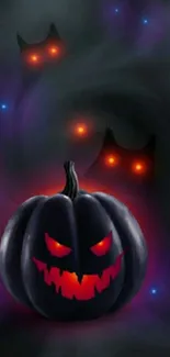 Spooky Halloween wallpaper with a dark pumpkin and glowing eyes.