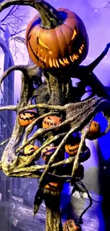 Eerie pumpkin tree Halloween wallpaper with purple and orange.