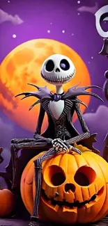 Skeleton sitting on a pumpkin under an orange moon with swirling purple sky.