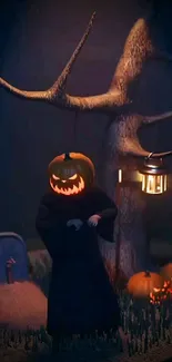 Spooky figure with pumpkin head near lanterns.