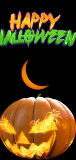 Halloween wallpaper with fiery pumpkin and colorful 'Happy Halloween' text.