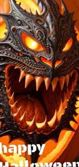 Fierce dragon carved Halloween pumpkin wallpaper.