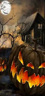 Spooky Halloween night with glowing pumpkins and eerie house.