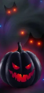 Spooky Halloween wallpaper with glowing pumpkin and ghostly figures.