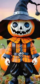 Halloween pumpkin character with a witch hat and costume in a field of pumpkins.