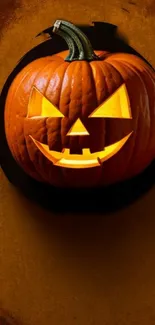 A bright, carved pumpkin glows against a dark Halloween background.