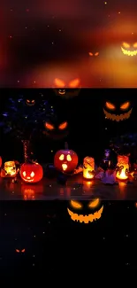 Halloween wallpaper with glowing pumpkins and spooky faces.