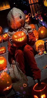 Eerie Halloween night with pumpkins on stairs.