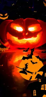 Halloween wallpaper with a glowing pumpkin, bats, and a witch silhouette.