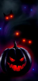 Eerie mobile wallpaper with glowing pumpkin face in darkness.