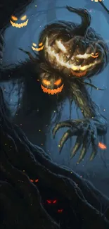 Dark spooky scene with a pumpkin-headed monster lurking in a shadowy forest.