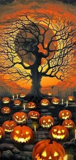 Halloween wallpaper with pumpkins, a tree, and full moon.