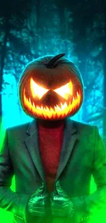 Spooky wallpaper with glowing pumpkin head in a misty, green forest background.