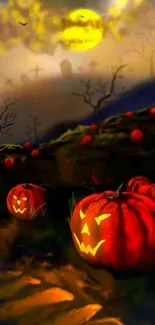 Dark, spooky Halloween scene with glowing pumpkins and a full moon.