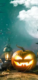 Spooky Halloween scene with pumpkins and full moon.