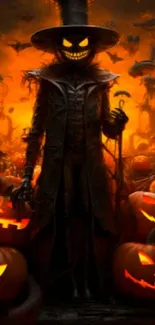 Spooky scarecrow with glowing pumpkins in Halloween scene.