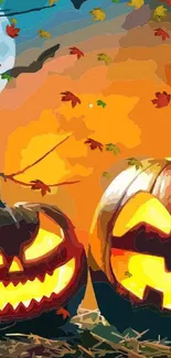 Spooky Halloween wallpaper with glowing pumpkins and full moon.