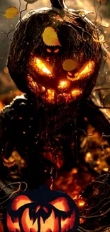 Glowing pumpkin in a spooky Halloween scene.