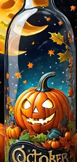 Carved pumpkin with moon and Halloween decor in a bottle.