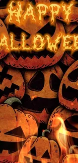 Happy Halloween pumpkin wallpaper with glowing text.