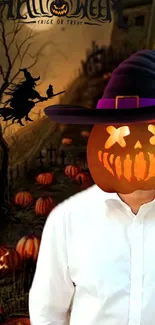 Spooky pumpkin-headed figure with witch hat in eerie Halloween setting.