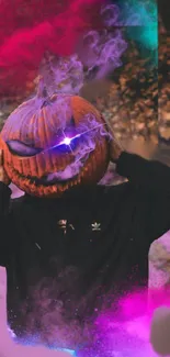 Mystical Halloween pumpkin head with vibrant smoke and glowing light.