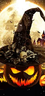 Spooky Halloween wallpaper with pumpkin, moon, and witch's hat.