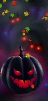 Halloween pumpkin with glowing eyes surrounded by colorful autumn leaves.