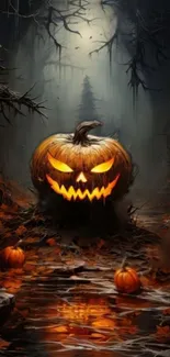 Spooky glowing pumpkin in dark, misty forest wallpaper.