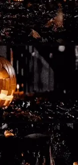 Glowing jack-o'-lantern on dark Halloween night.