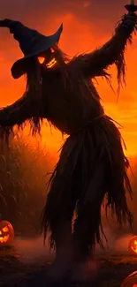 Eerie scarecrow with pumpkins in a spooky Halloween night setting.