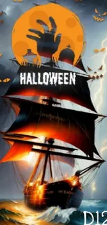 Spooky Halloween ship sailing in dark, stormy ocean under eerie sky.