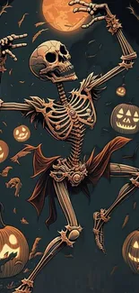 Halloween skeleton dances with pumpkins on a dark, festive wallpaper.